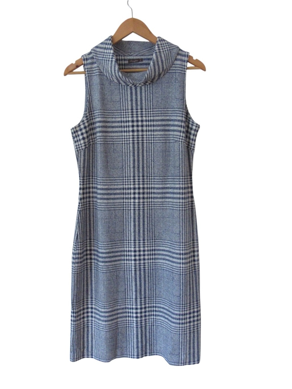 J. McLaughlin Glen Plaid Cowl Neck Sheath Dress Medium Blue White Sleeveless